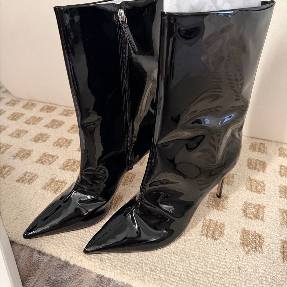 SCHUTZ Black Patent Pointed-Toe Mid-Calf Stiletto Boots NWT